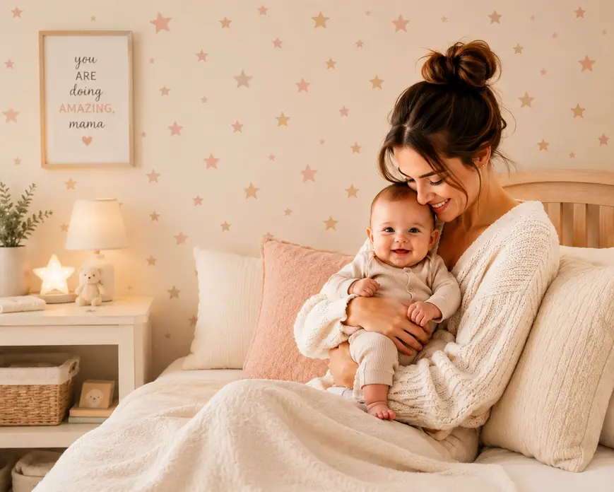 Smiling mother holding baby in a cozy pastel nursery with star wall decor, soft bed, warm light, and calm first-time mom style.