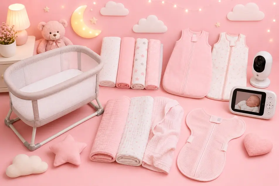 Pink nursery flat lay with newborn safe sleep essentials including bassinet, swaddle blankets, sleep sacks and baby monitor for infants.