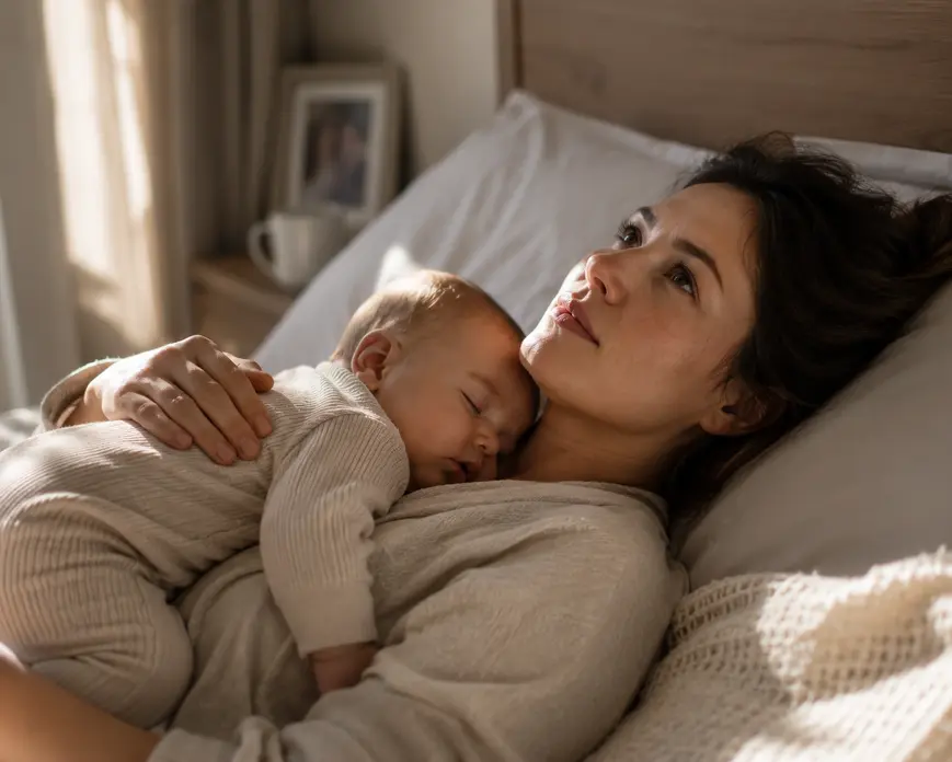 Mother lying on a bed with her sleeping baby on her chest, capturing a quiet and honest moment of first-year motherhood.