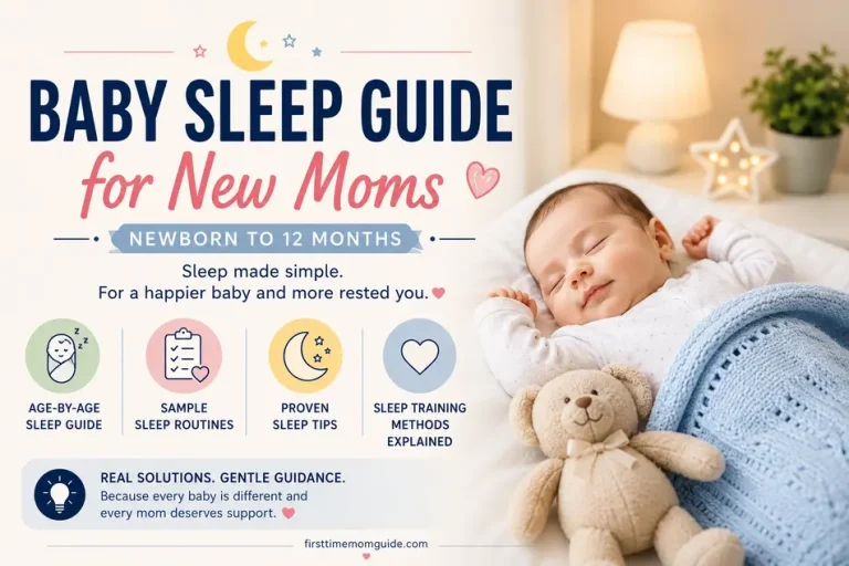 Baby sleep guide for new moms featuring a sleeping baby in a cozy nursery with infant sleep tips and routines infographic.