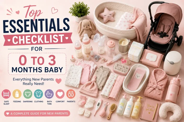 Feature image for 0–3 months baby essentials checklist showing newborn sleep, feeding, diapering, bath and postpartum items on pink background.