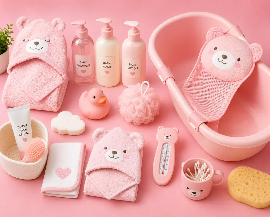 Pink flat lay of newborn bath essentials including baby bathtub, hooded towels, baby wash, lotion, sponge and bath accessories.