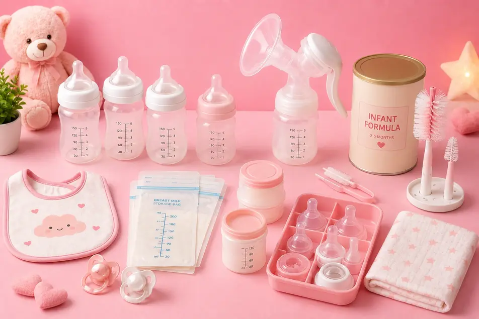 Pink flat lay of newborn feeding essentials including baby bottles, breast pump, formula, bibs, milk storage bags and bottle brushes.Pink flat lay of newborn feeding essentials including baby bottles, breast pump, formula, bibs, milk storage bags and bottle brushes.