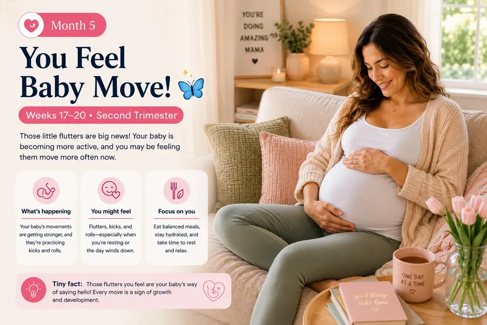 Pregnancy infographic of a smiling mother feeling baby kicks during weeks 17–20 in a cozy pastel second trimester setting.