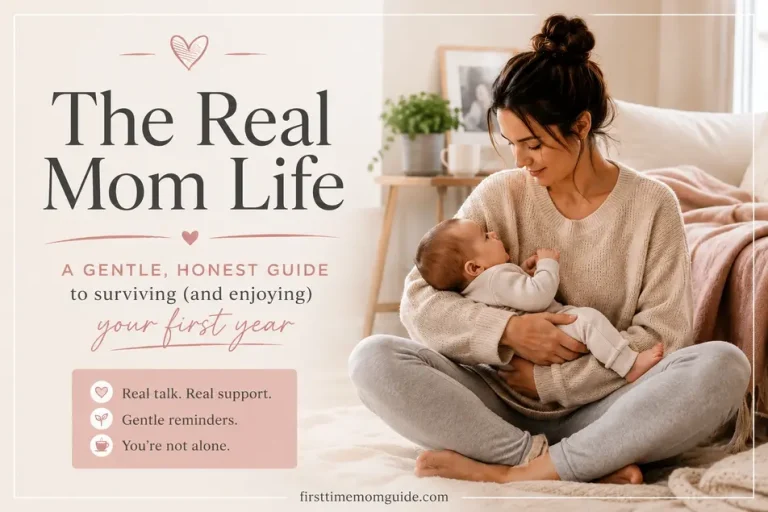Feature image for a first-year motherhood guide showing a mother holding her baby in a cozy room with warm editorial tones and parenting support theme.