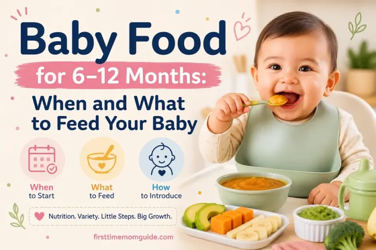 Baby food guide for 6–12 month babies featuring healthy first foods, feeding tips, puree ideas, and a happy baby eating solids.
