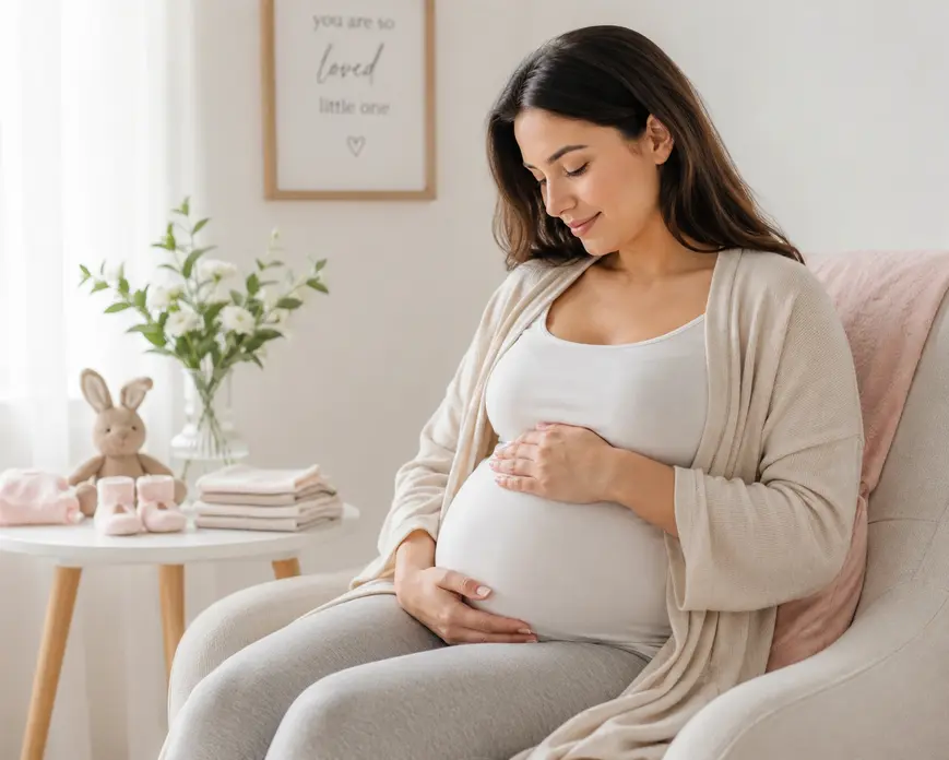 Neutral pregnancy announcement flat lay with maternity photo, baby shoes, bunny plush toy, and soft pastel nursery items for first-time mom content.