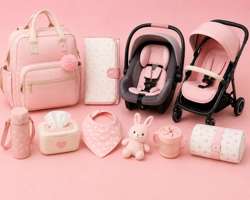 Pink flat lay of newborn on-the-go essentials including diaper bag, stroller, car seat, bib, wipes and baby travel accessories.