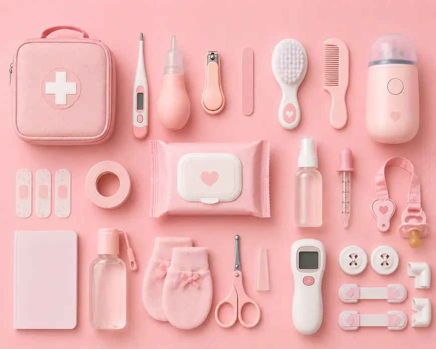 Pink flat lay of newborn health and safety essentials including thermometer, baby first aid kit, wipes, nail clipper and safety locks.