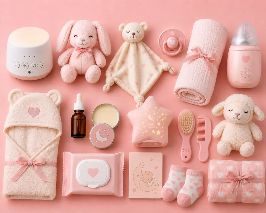 Pink flat lay of newborn soothing and comfort essentials including plush toys, pacifier, swaddle blanket, sound machine and baby comfort items.