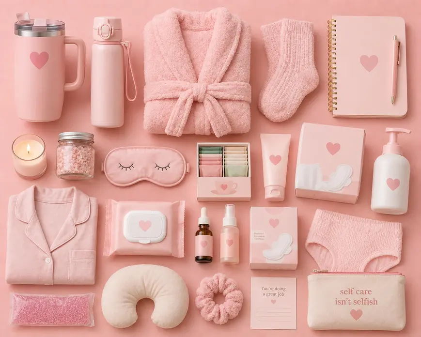 Pink flat lay of postpartum essentials for new parents including robe, nursing pillow, pads, water bottle, self-care and recovery items.