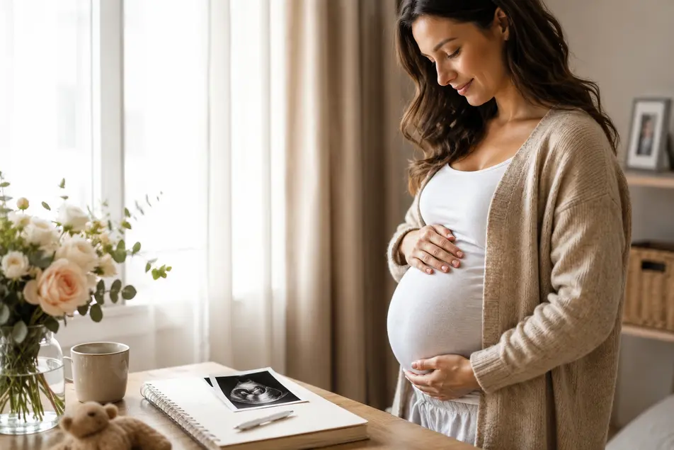 Image of a smiling pregnant woman holding her baby bump beside ultrasound photos in a warm, sunlit neutral-toned room.
