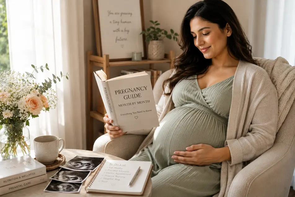 Pregnancy lifestyle image of a pregnant woman in a sage green dress reading a pregnancy guide in a warm sunlit neutral-toned room.