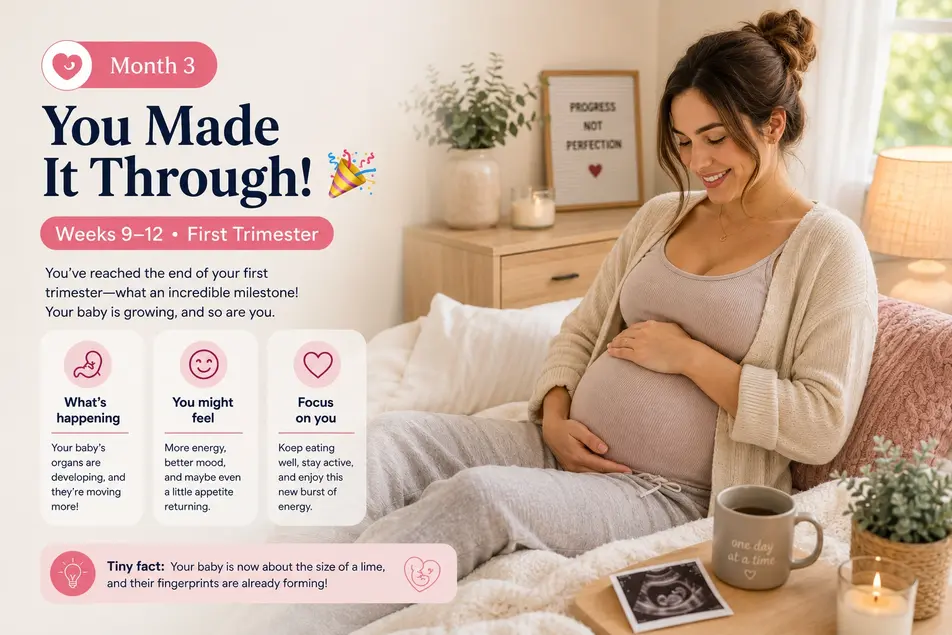 Pregnancy infographic of a mother experiencing morning sickness in a cozy pastel bedroom during weeks 5–8 of pregnancy.