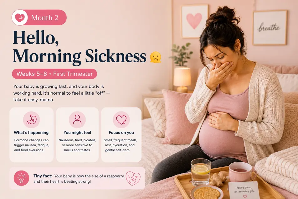 Mother experiencing morning sickness in a cozy pastel bedroom during weeks 5–8 of the first trimester.