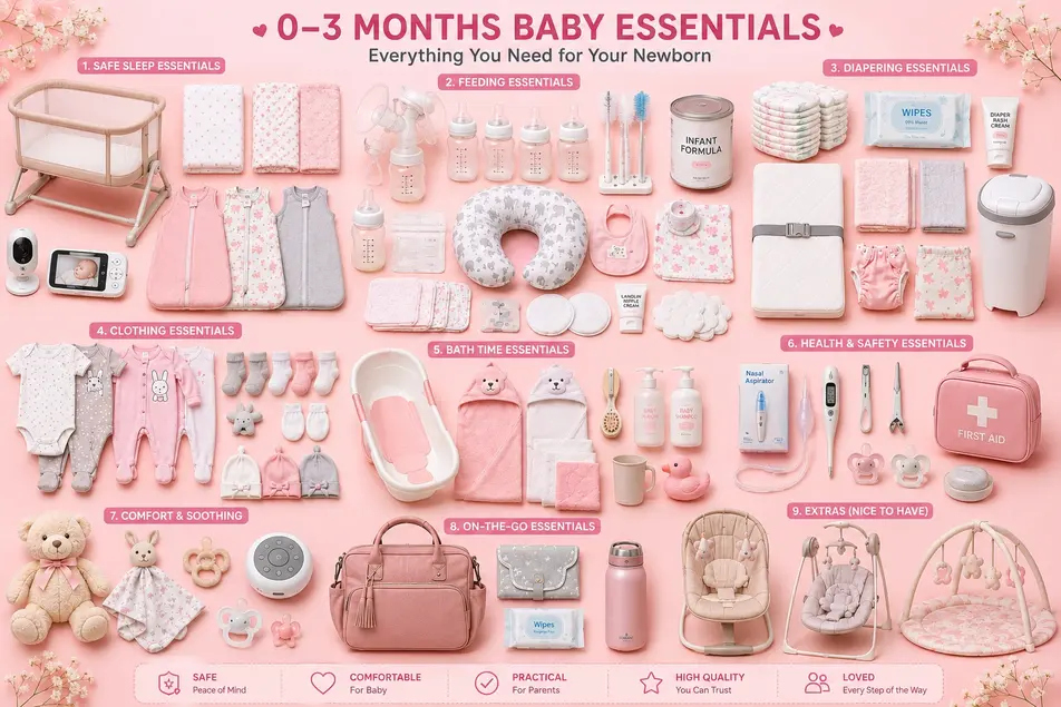 0–3 months baby essentials checklist with newborn sleep, feeding, diapering, clothing, bath, safety and comfort items on pink background.
