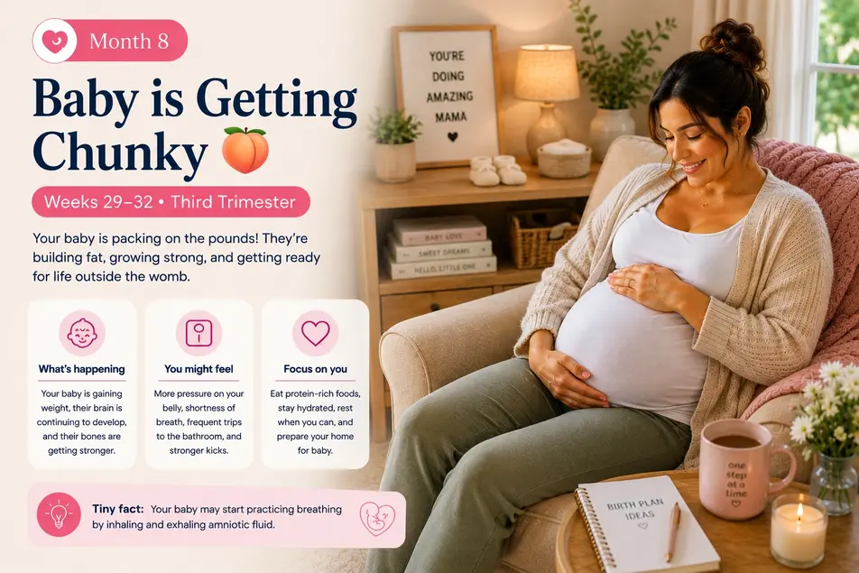 Pregnancy infographic of a smiling mother during weeks 29–32 as baby growth increases in the cozy third trimester.
