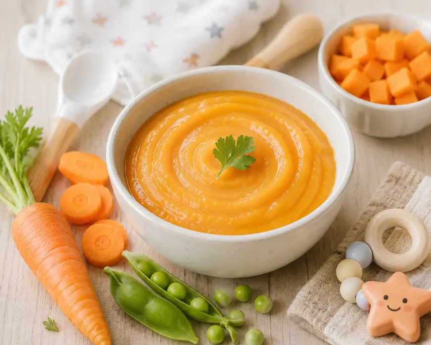 Creamy baby food puree with carrots, peas, and feeding accessories in a soft pastel setup for healthy homemade baby meals and first foods.