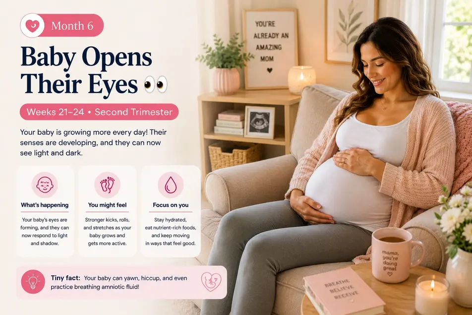 Pregnancy infographic of a smiling mother relaxing during weeks 21–24 as baby development progresses in the second trimester.