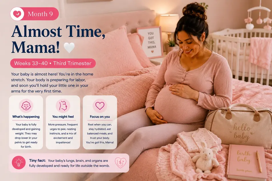 Pregnancy infographic of a heavily pregnant mother sitting on a pink bed beside baby items and a crib during weeks 33–40.