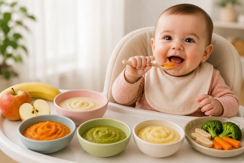 Baby food for 6–12 months with smiling baby eating purees, fruits, and soft vegetables in a high chair.