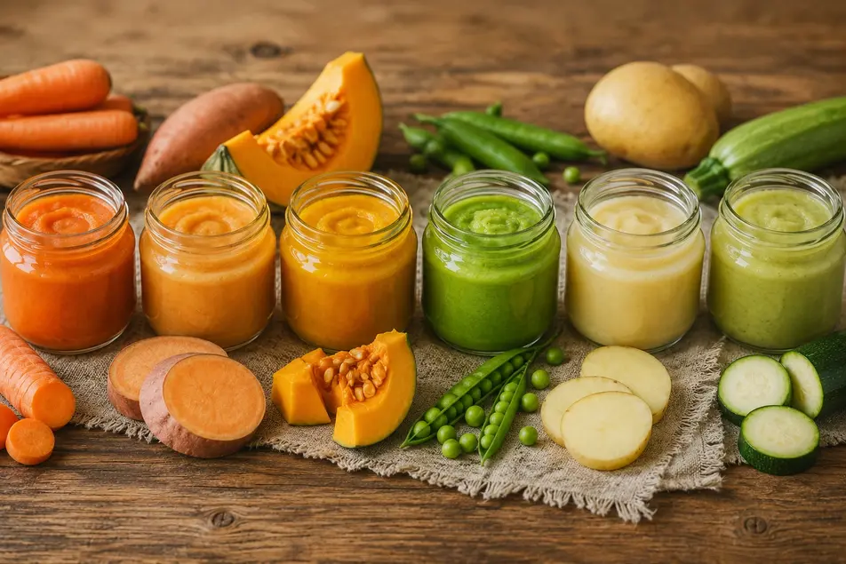 Vegetable baby purees in glass jars with carrot, pumpkin, peas, sweet potato, potato, and zucchini on a rustic wooden table.