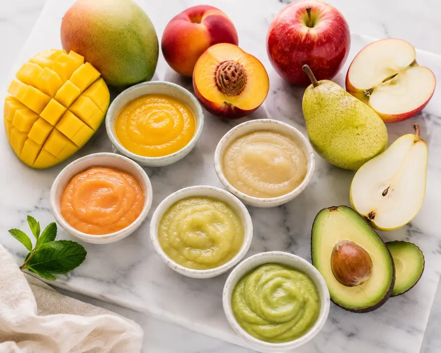 Fresh mango, peach, apple, pear, and avocado with baby fruit purees arranged on a marble board in bright natural lighting.