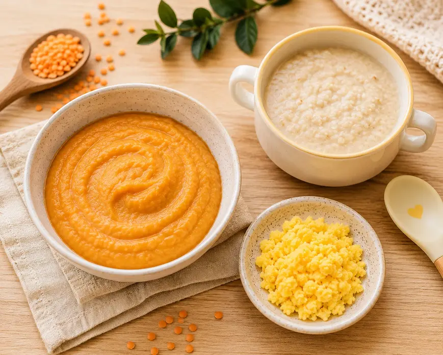 Red lentil puree, egg yolk mash, and fortified oatmeal cereal for babies served on a light wooden table in natural lighting.