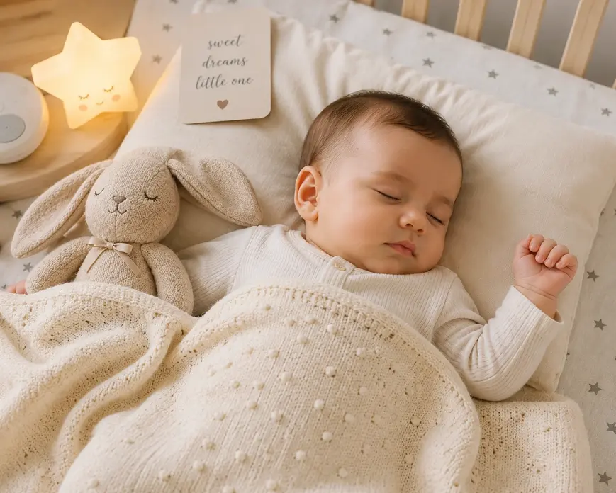 Peaceful sleeping baby in a cozy pastel nursery with soft blanket, plush bunny toy, and calming bedtime decor for baby sleep routine content.