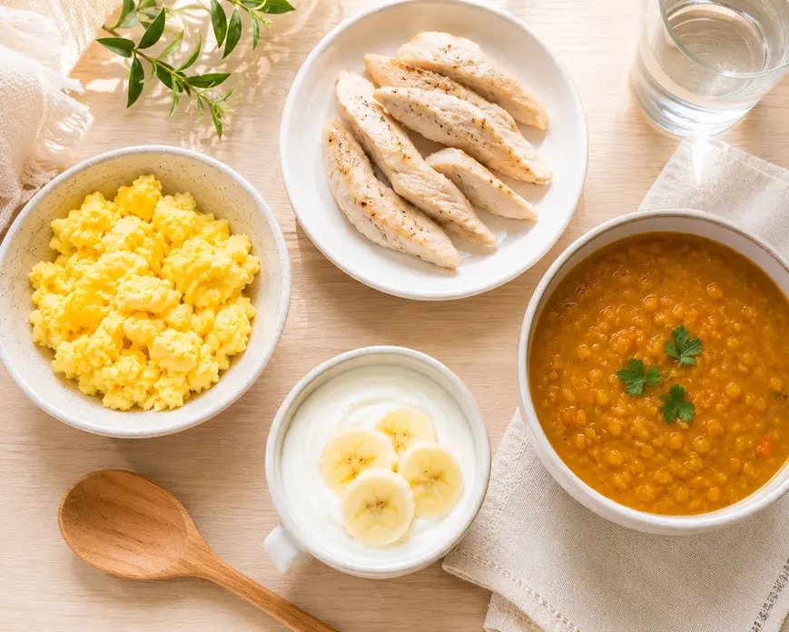 Scrambled egg, chicken strips, yogurt with banana, and lentil soup for babies arranged in a clean flat lay with soft natural light.