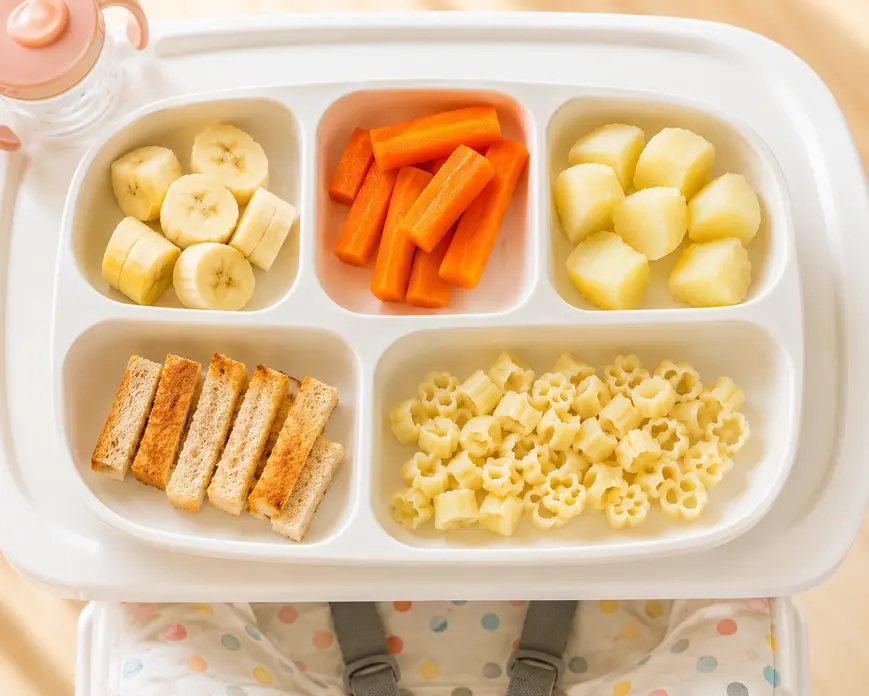 Baby finger foods including banana pieces, carrot sticks, toast strips, potato cubes, and pasta served on a baby tray.