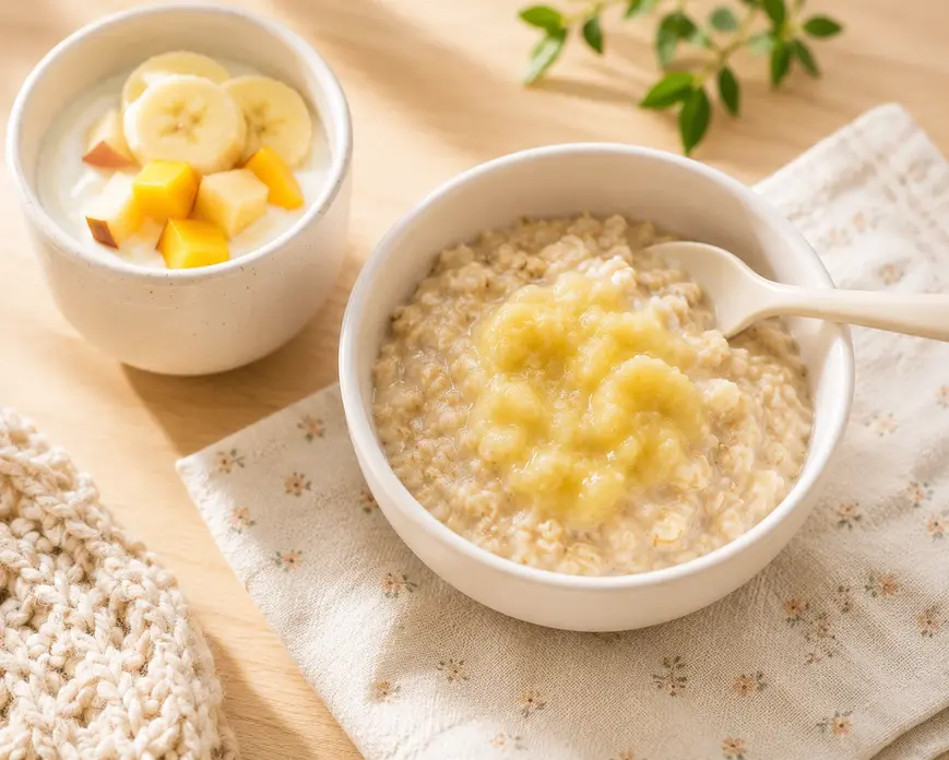 Baby oatmeal with mashed banana and yogurt topped with fruit served in white bowls with warm natural morning light.