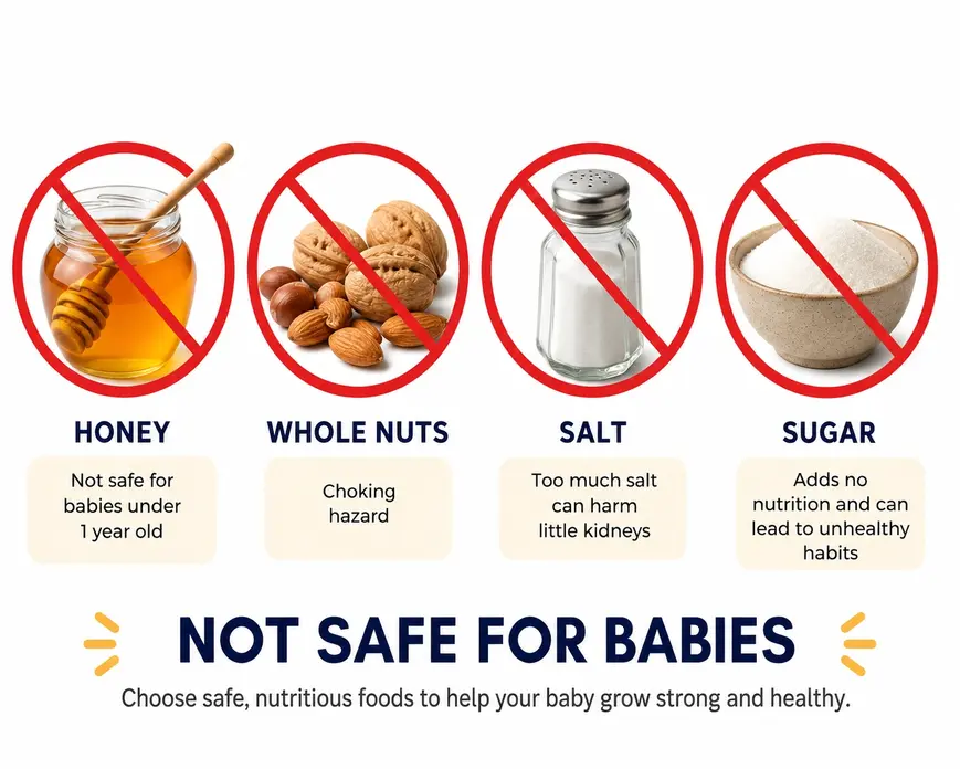 Foods babies under 1 year should avoid including honey, whole nuts, salt, and sugar shown in an educational baby food infographic.