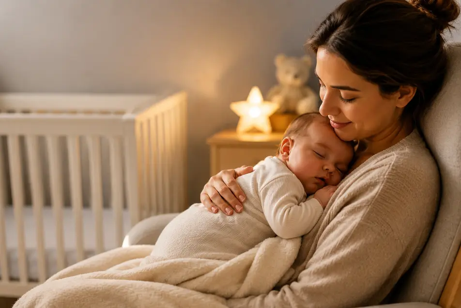 Mother holding a sleeping baby in a cozy nursery beside a crib with soft warm lighting for a baby sleep guide article.