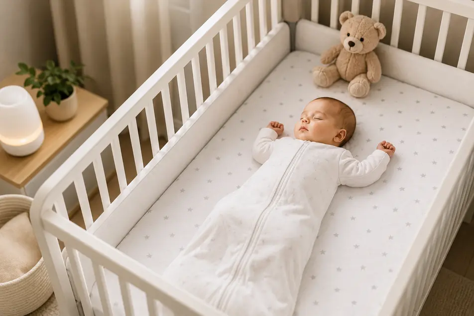 Baby sleeping safely on back in a white crib with a sleep sack in a calm nursery following safe baby sleep guidelines.