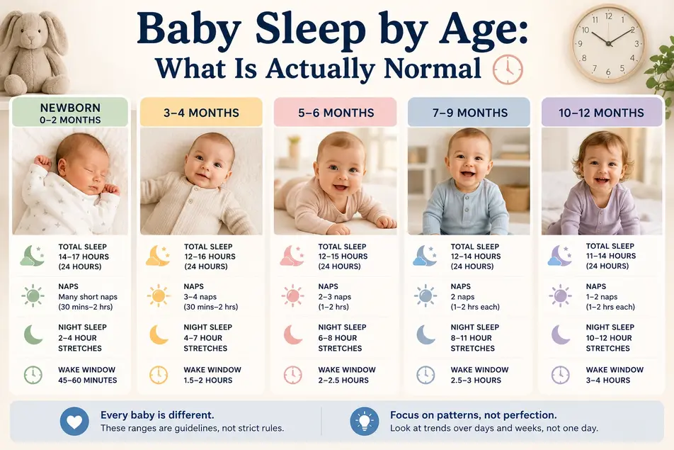 Baby sleep by age chart showing normal sleep hours, naps, and wake windows for newborns to 12-month-old babies.