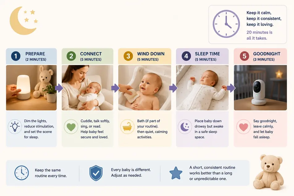 Baby bedtime routine infographic showing calming sleep steps including bath, cuddles, dim lights, and safe crib sleep for babies.