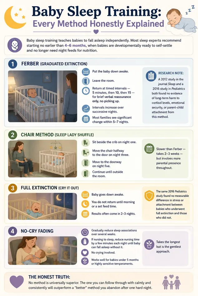 Baby sleep training methods infographic explaining Ferber, chair method, cry it out, and no-cry fading for new moms.
