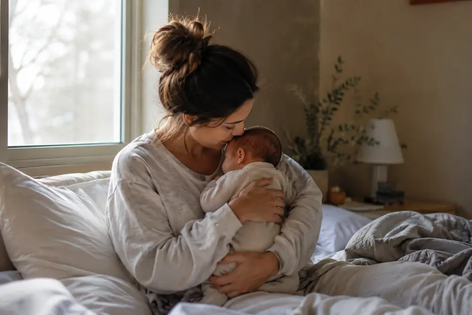 New mother holding her sleeping newborn in soft morning light, capturing a calm and emotional first-year motherhood moment.