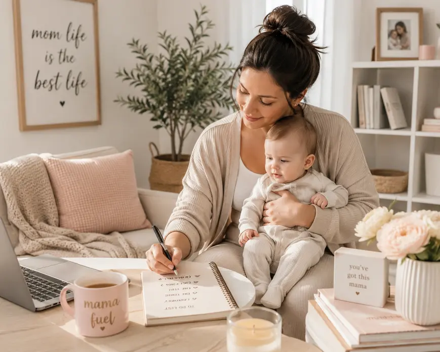 Soft pastel mom life flat lay with motherhood quote frame, coffee mug, notebook, and cozy neutral decor for first-time mom lifestyle content.