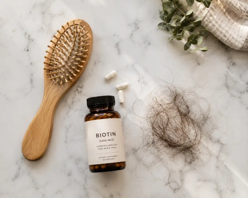 Wooden hairbrush, biotin supplement bottle, and postpartum hair shedding on a marble surface in soft natural morning light.