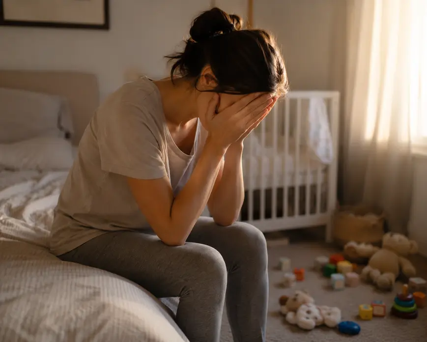 Tired new mother sitting on the edge of a bed with baby toys scattered nearby, showing honest postpartum exhaustion and mom burnout.