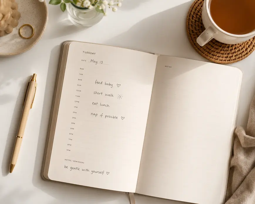 Simple daily planner for a new mom with baby care tasks and tea on a white desk in soft morning light, showing a realistic postpartum routine.
