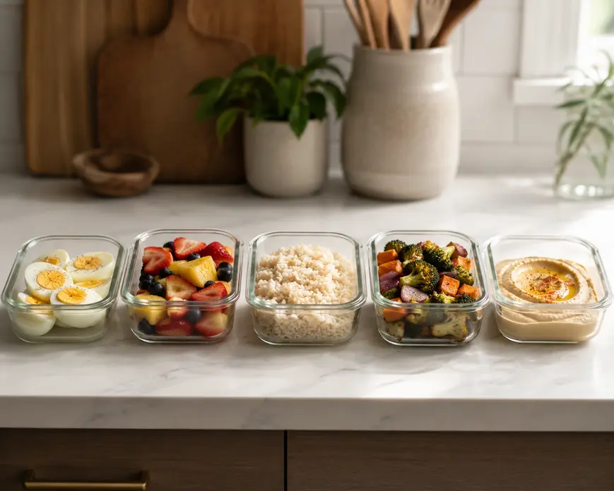 Healthy meal prep containers with eggs, fruit, rice, vegetables, and hummus on a bright kitchen counter for realistic new mom nutrition.