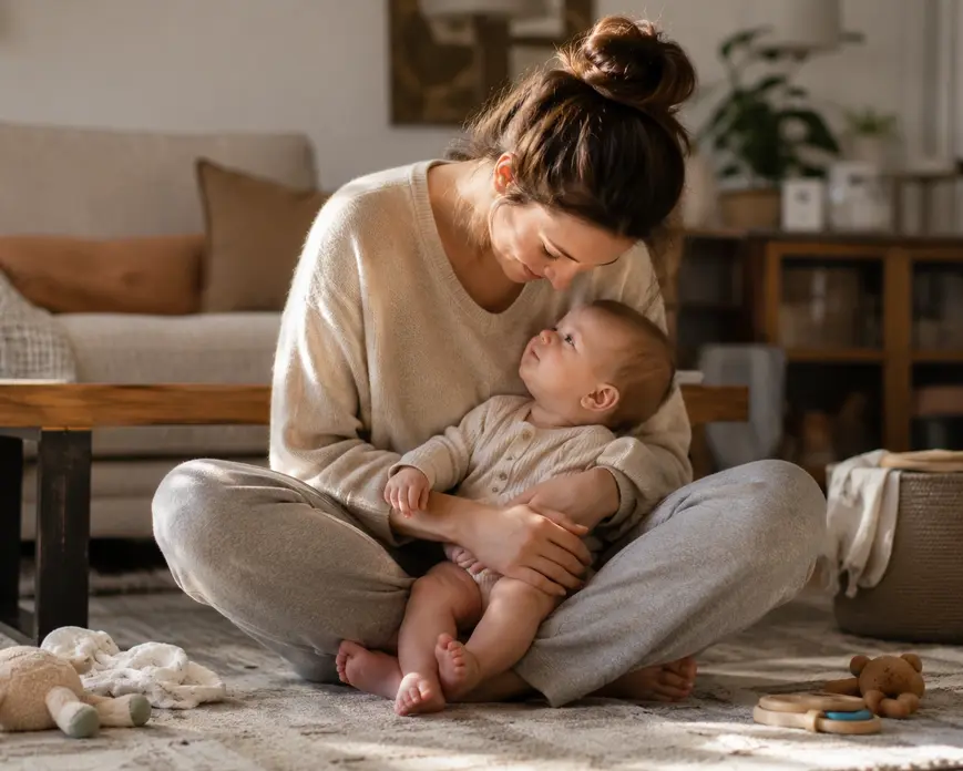 Mother sitting on the floor with her baby in a cozy living room, sharing a calm and emotional bonding moment during first-year mom life.