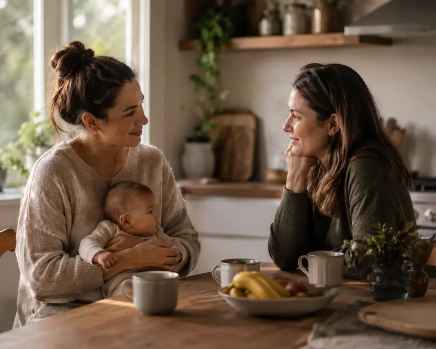 Two women talking about first year mom guide at a kitchen table while one holds a baby, showing emotional support and honest connection during new motherhood