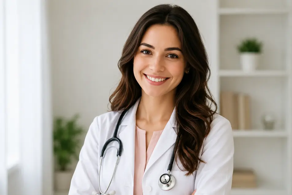 Professional female doctor in white coat with stethoscope smiling in a soft neutral clinic setting for motherhood and baby health guidance content.