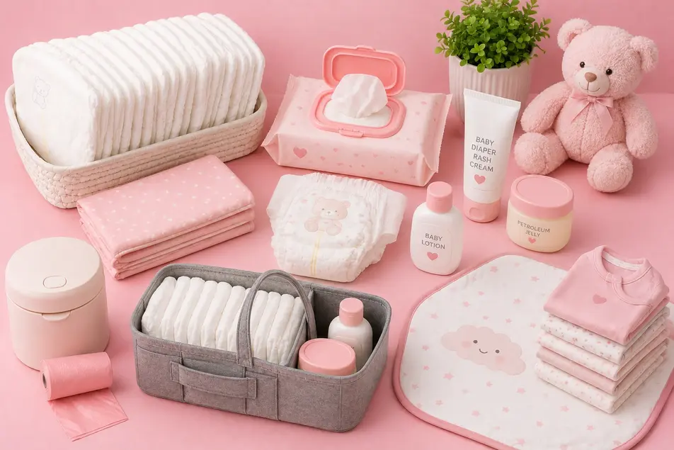 Pink flat lay of newborn diapering essentials including diapers, wipes, diaper cream, changing pad, diaper caddy and baby lotion.