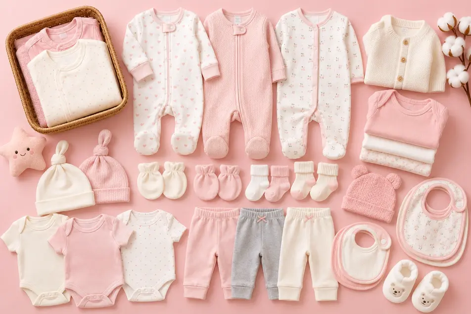 Pink flat lay of newborn clothing essentials including onesies, sleepers, socks, mittens, hats and baby bibs for 0–3 month babies.