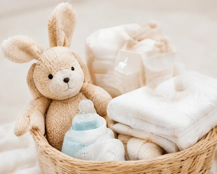 Soft neutral baby essentials setup with plush bunny toy, baby bottle, blankets, and nursery items in a woven basket for first-time moms.
